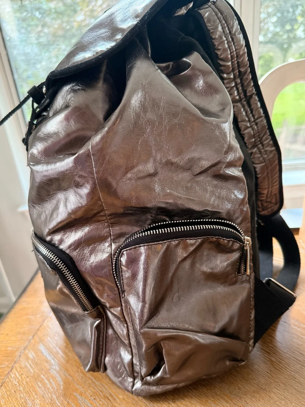 PINK Victoria's Secret Metallic Pewter Backpack with Black Trim